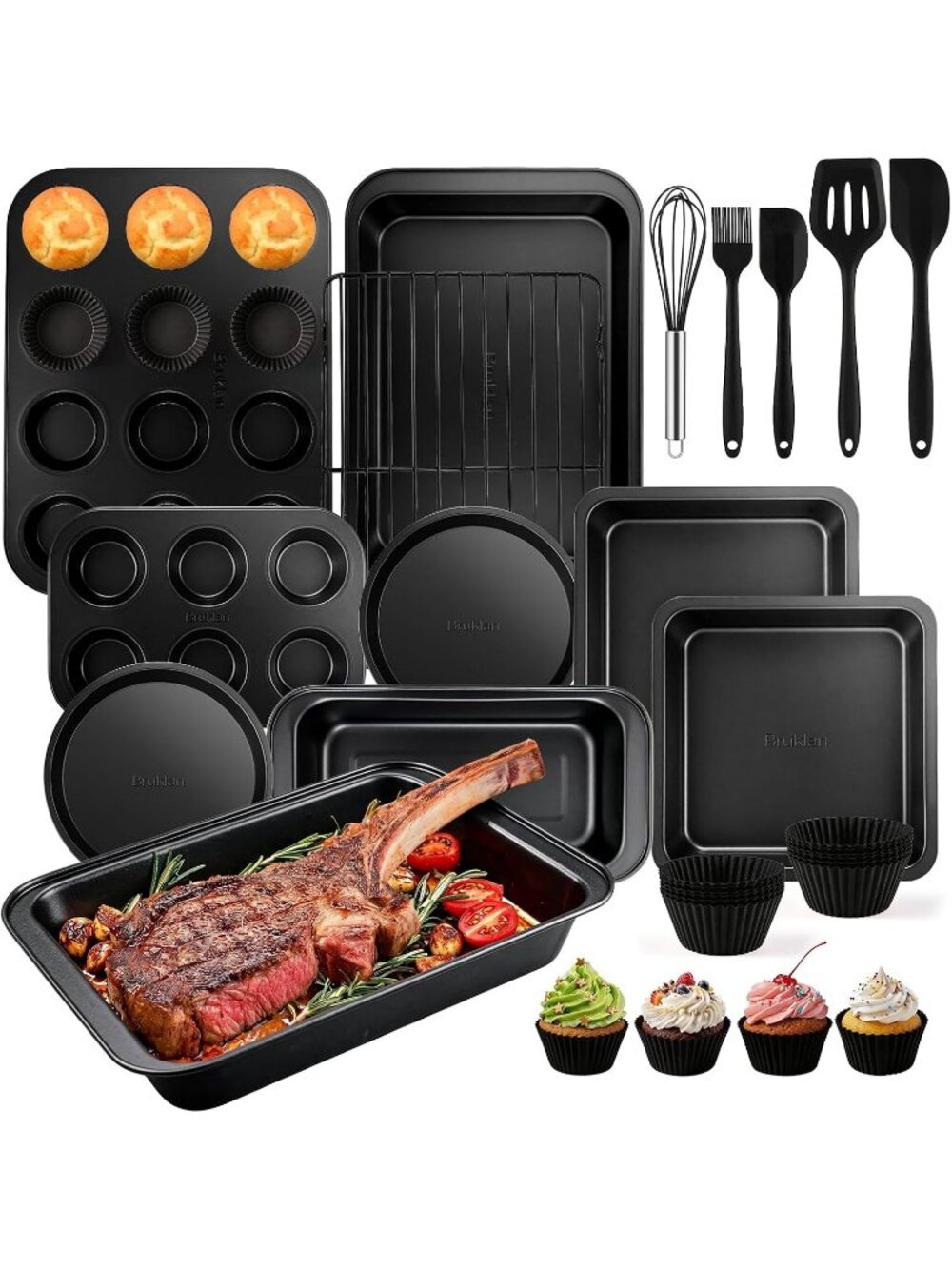 25-Picec Black Nonstick Baking Pans Set, High-Carbon Steel for Kitchen Bakeware